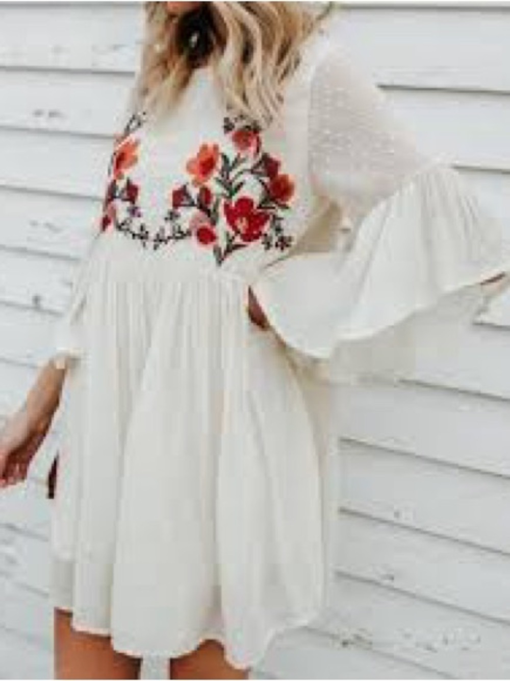 UMGEE Swiss Dot Bohemian Floral Embroidered Babydoll Dress Sz medium